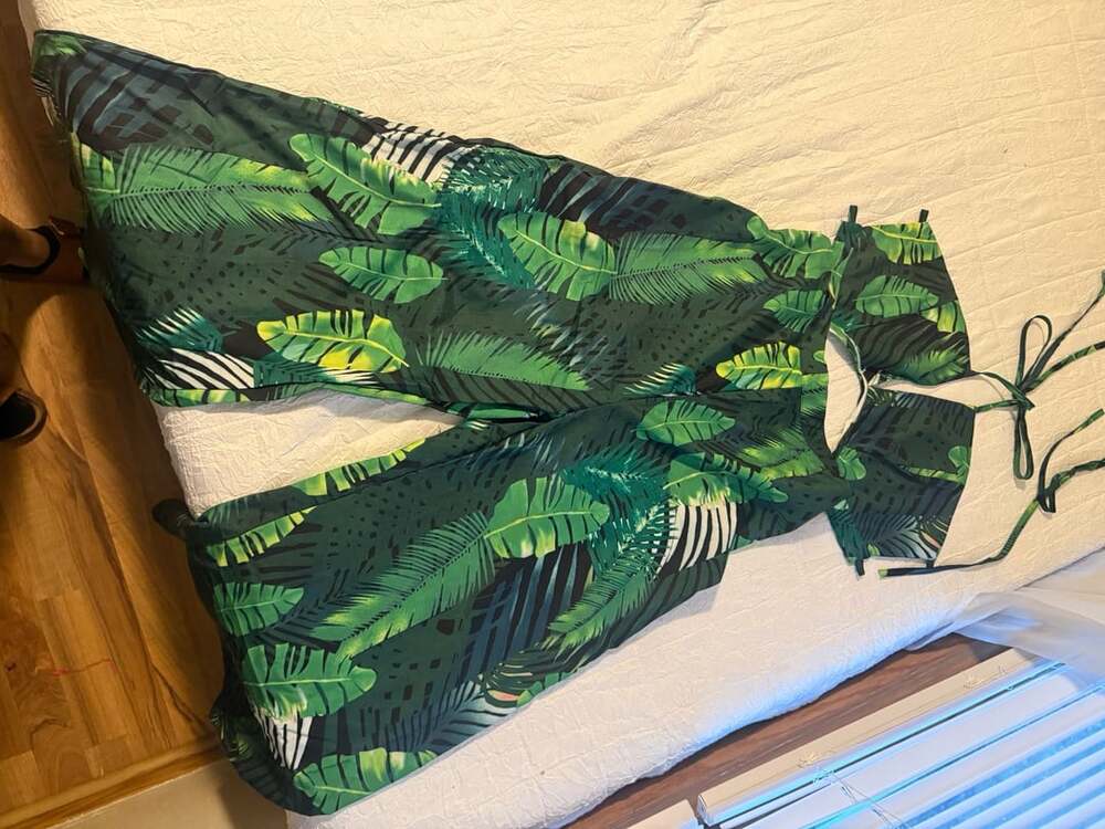 Tropical Leaf Print Halter Cutout Wide Leg Jumpsuit